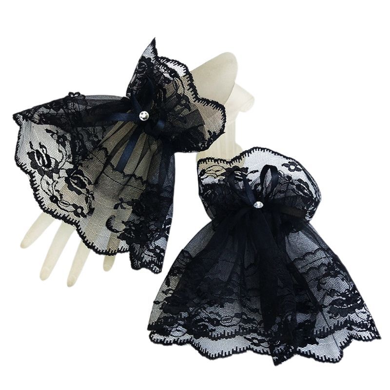 Kobiety czarne koronkowe mankiety na nadgarstek bransoletki ślubne Rhinestone kokarda rękawiczki bez palców