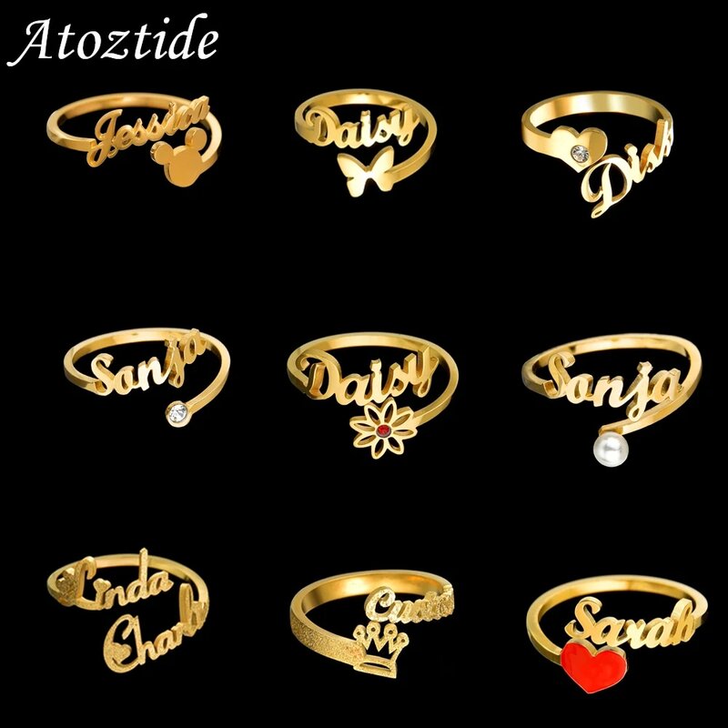 Atoztide-사용자 정의 이름 반지, 스테인레스 스틸, 조절 가능한 나비, 오픈 사이즈 웨딩 글자 서클, 여성을 위한 독특한 보석 선물