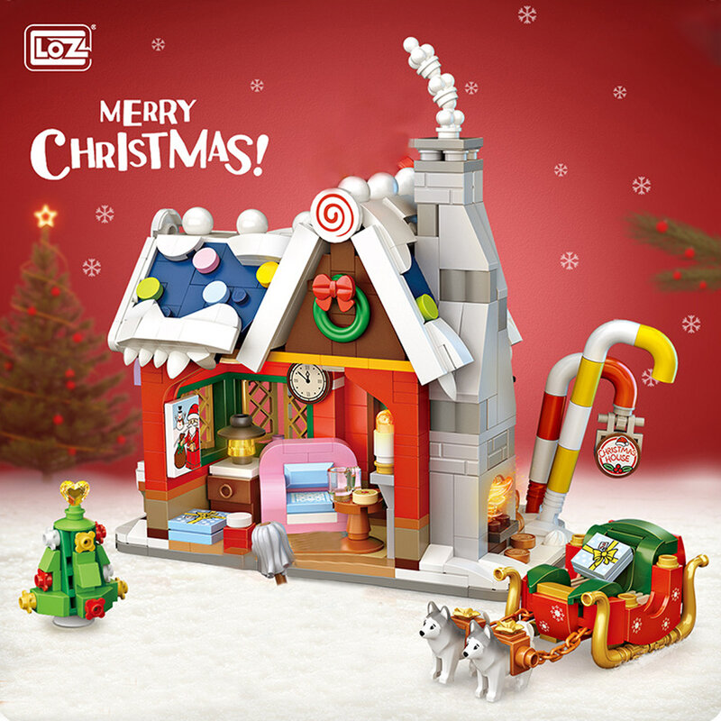 MOC LOZ Mini Natal Santa Claus Model Rumah Blok Bangunan dengan Boneka Salju Arsitektur Batu Bata DIY Mainan Natal Hadiah Anak-anak