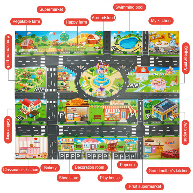 Mapa da cidade de brinquedo interativo para crianças, 130*100cm, tapete de área de brincadeira para crianças, cidade, estrada, edifícios, mapa de estacionamento, brinquedo para casa