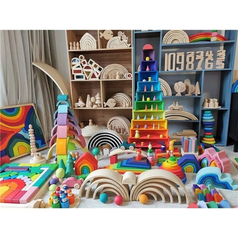 Dzieci drewno Rainbow Arch Stacker pastelowe klocki półokrągłe kulki płyta Unpaint układanie zabawek
