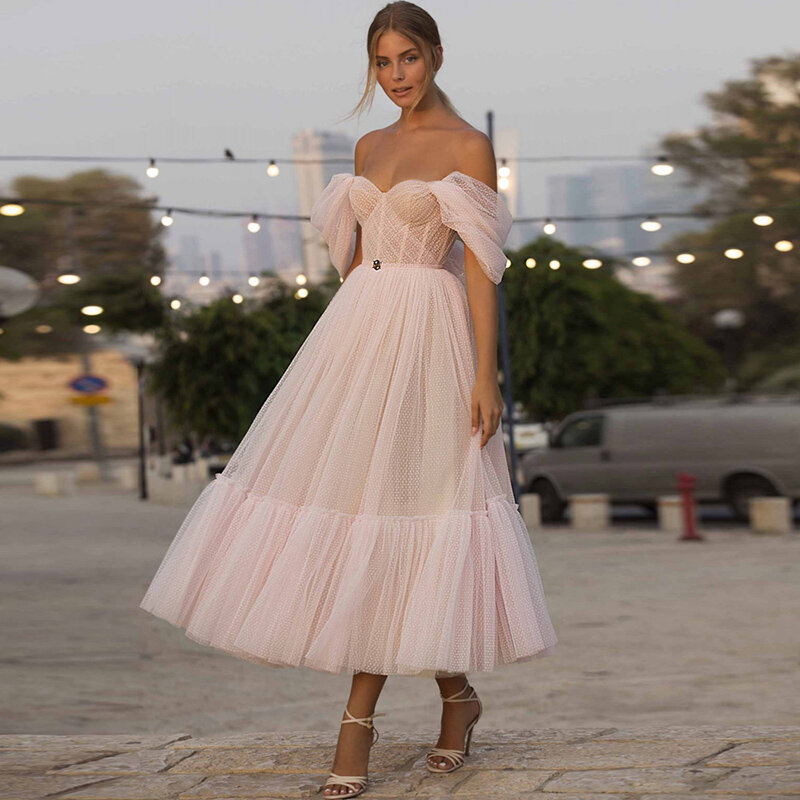 2022 New Arrival Pink Homecoming Dresses Off Shoulder Cocktail Gowns Ankle Length Sweetheart Party  Open Back On Sale