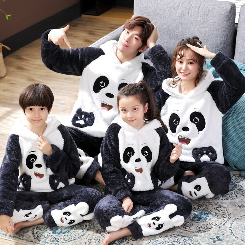 Musim Dingin Orangtua-Anak Piyama Set Anak Flanel Piyama Tebal Mewah Hoodie Lengan Panjang Hewan Panda Wanita Pria Homewear