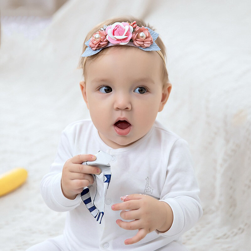Bandeau en Nylon pour bébé, fleur artificielle, accessoires Photo pour nouveau-né, perles pour filles, accessoires de cheveux pour nourrissons, bandeau fin et doux