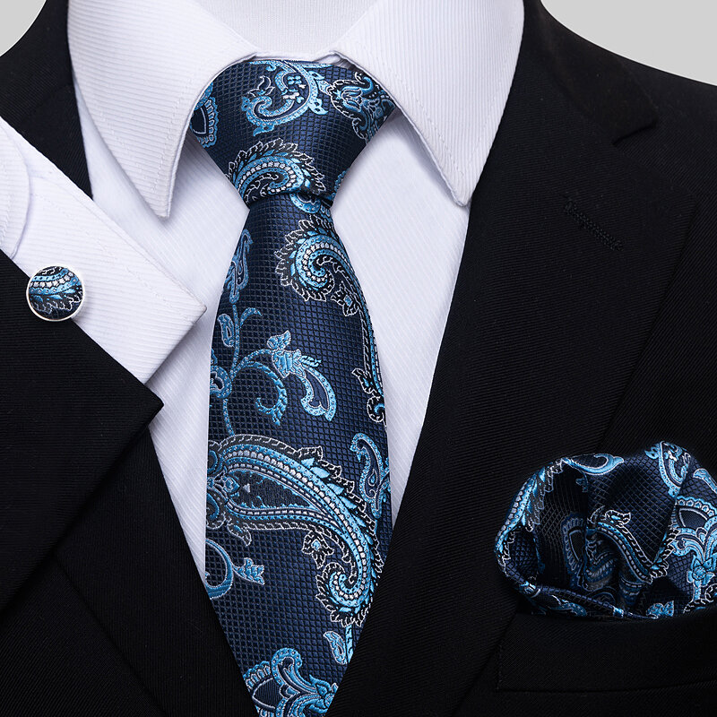 Ensemble de boutons de manchette Hanky, cravate de qualité supérieure, vêtements formels de mariage, imprimé de jour commémoratif bleu clair, offre spéciale