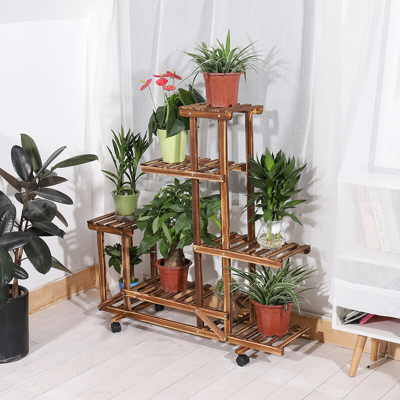UNHO Holz Plant Stand mit Räder Multi-Schicht Roll Pflanze Blume Display Regal Innen Bewegliche Lagerung Rack Halter Im Freien fo