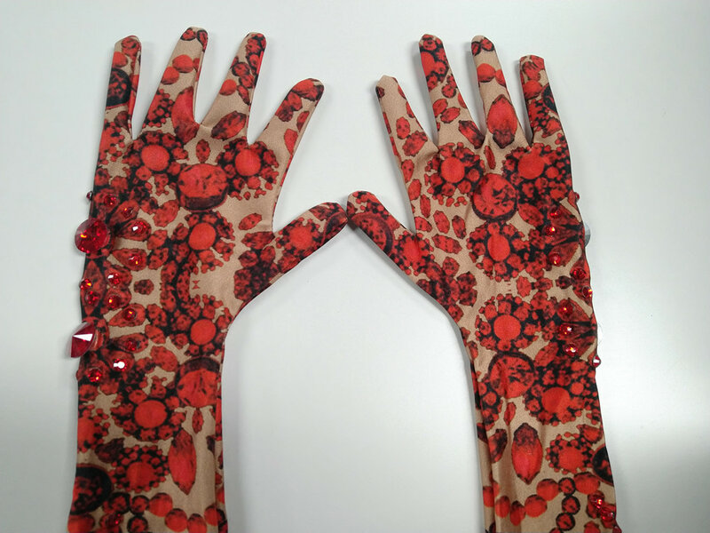 Moda czerwony kwiatowy Rhinestone długie rękawiczki kobiety Stretch musujące kryształowe rękawiczki klub nocny tancerz piosenkarka akcesoria sceniczne