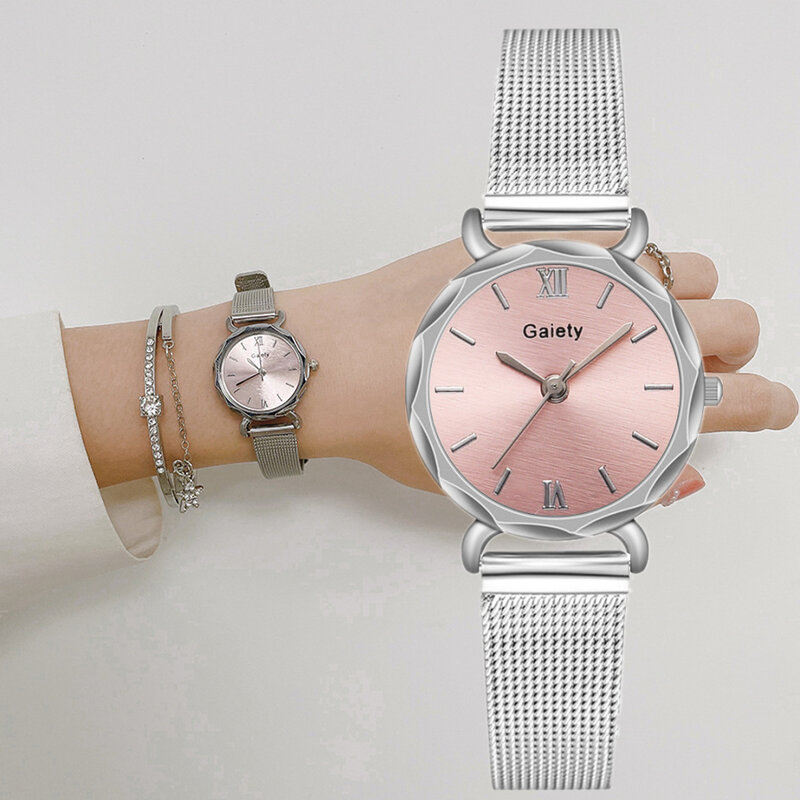 Mesh Steel Women's Watch Silver Simple Pink Ladies Wristwatch Fashion Watch Bracelet Set Quartz Clock Luxury Gift zegarek damski