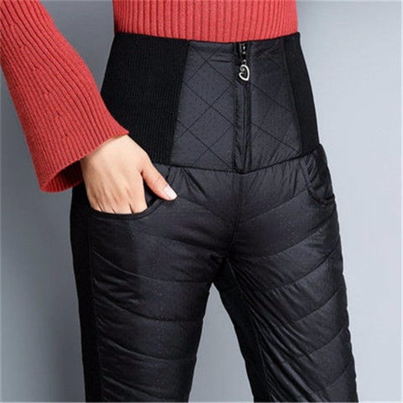 Пуховые брюки для женщин с высокой талией, утепленные и тонкие двусторонние Большие теплые зимние брюки на белом утином пуху