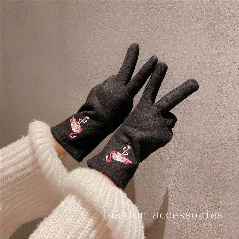 女性のための大きなベルベットカシミア,厚く,暖かいタッチスクリーンコーティングを施した暖かいフラミンゴ刺繍手袋,かわいい,サイクリング用