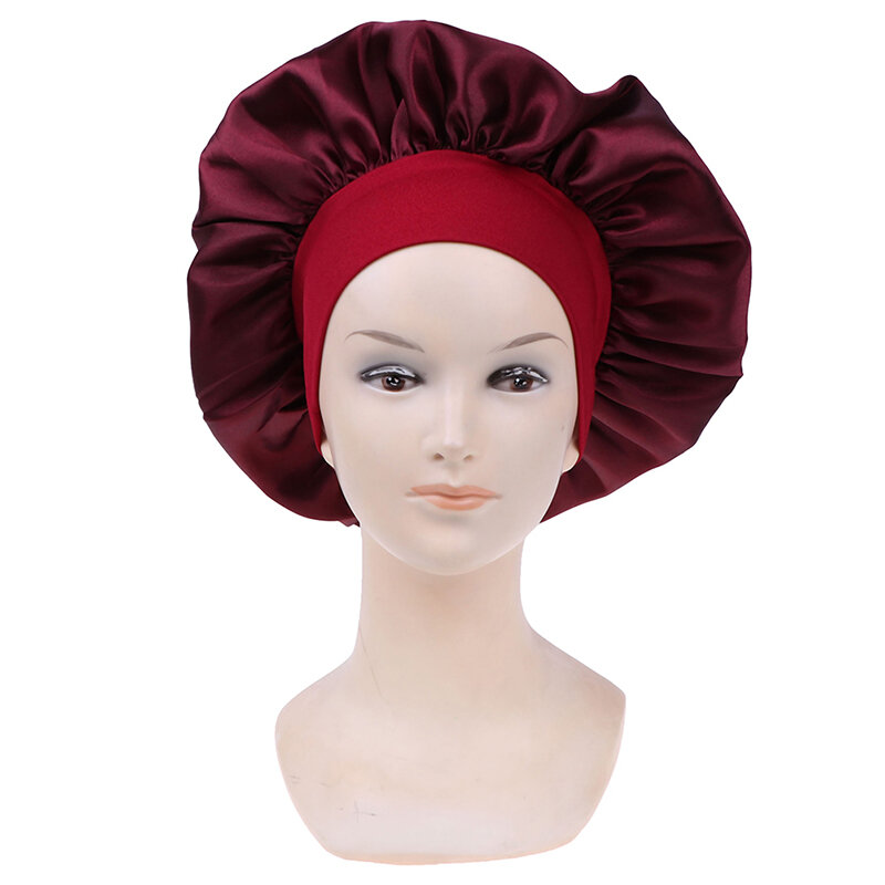 Boné de chapéu acetinado longo para mulheres, chapéu de sono noturno, cabeça de seda, tampas de banho ajustáveis, cor sólida 58cm