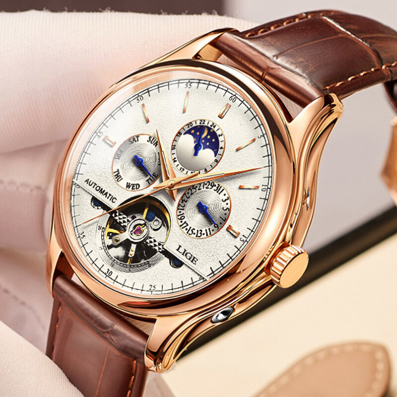 LIGE Brand Classic Mens Retro Watches orologio meccanico automatico orologio Tourbillon orologio da polso militare impermeabile in vera pelle