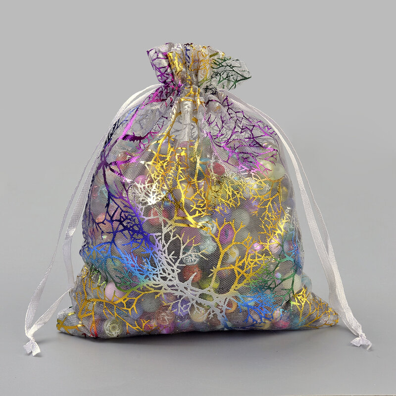다채로운 산호 패턴 오간자 드로스트링 백, 결혼식 축하 파티 캔디 초콜릿 파티 선물 쥬얼리 가방, 13-20x18-30cm, 100 개