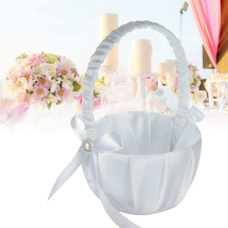 Romântico flor pérola bowknot cesta flor cesta casamento cerimônia festa rosa flor menina maquiagem cesta presente para festa de casamento