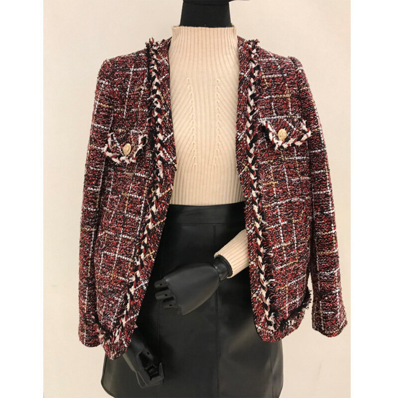 Celebrity Small Fragrance Coat Women's 2020 Spring And Autumn New Tweed Lattice Hong Kong Style Casual Small Suit Tide