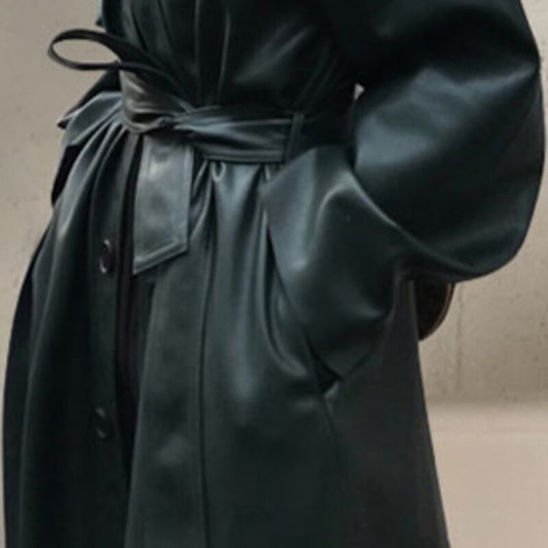 Lautaro الخريف طويل أسود كول بولي Leather جلدية خندق معطف للنساء حزام واحدة الصدر فضفاضة الكورية موضة الملابس بالجملة 2022