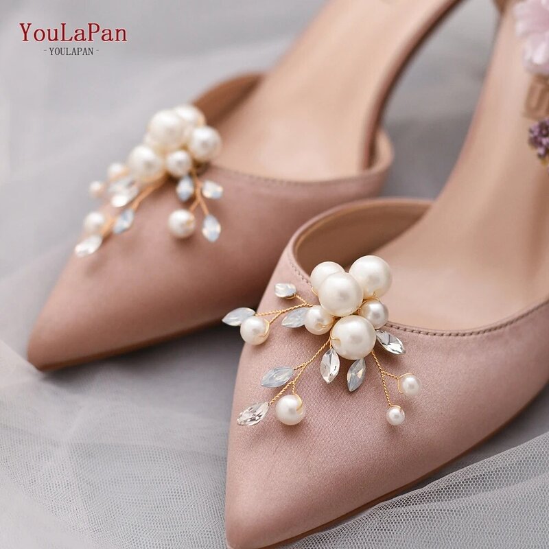 YouLaPan 2 Buah/Lot Sepatu Pernikahan Berlian Imitasi Klip Hak Tinggi Pengantin Dapat Dilepas Gesper Dekorasi Wanita Jepit Sepatu Manik-manik Bunga Mutiara