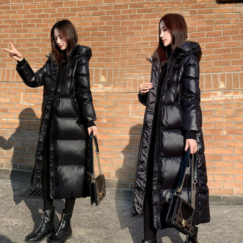 Черная глянцевая парка, Женское пальто 2023, модная Утепленная зимняя свободная длинная куртка с капюшоном, Женская ветрозащитная непромокаемая теплая верхняя одежда