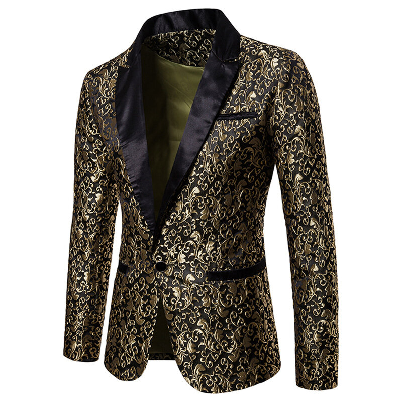 Traje de Blazer Floral bronceador Jacquard dorado para hombre, chaqueta de un solo botón, vestido de boda, disfraz de cantante de escenario de fiesta