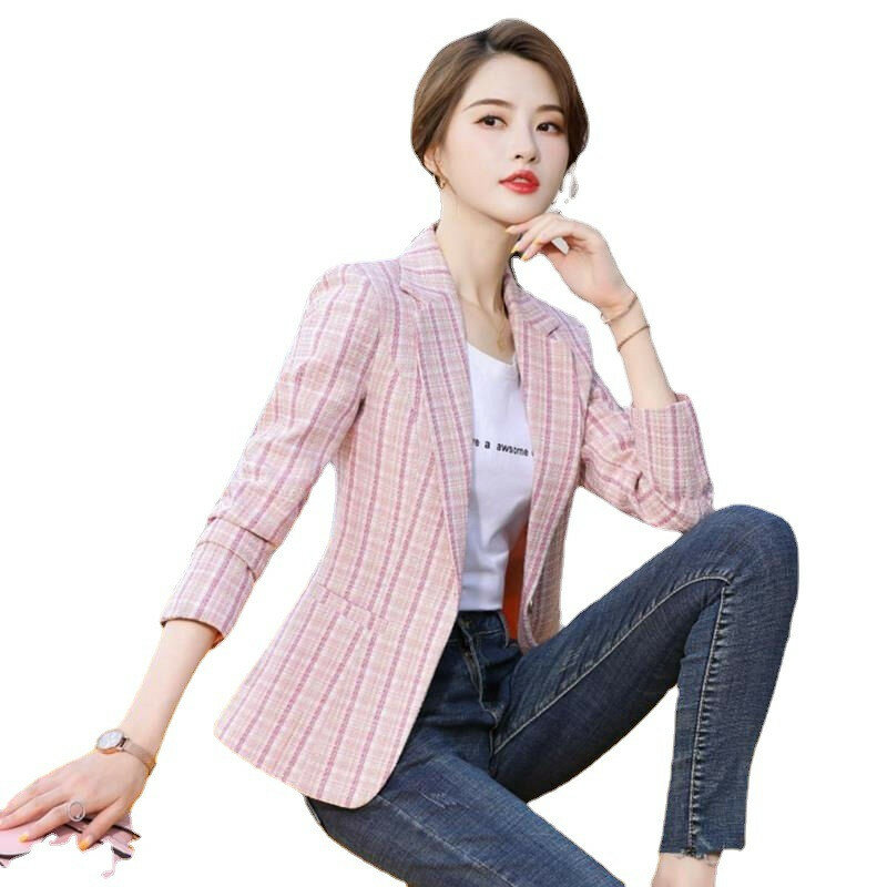 Blazer xadrez rosa para mulheres, jaquetas casuais, terno de botão único, casaco de escritório fino para senhoras, outwear feminino, novo, L a 4XL, primavera e outono