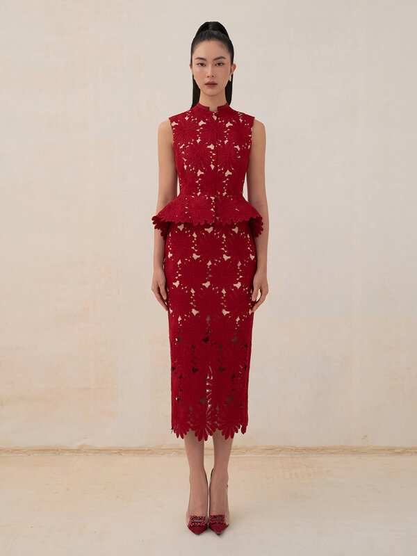 Falda superior de encaje de crisantemo rojo para mujer, traje de princesa semiformal de lujo ligero, top de peplum, tailor shop