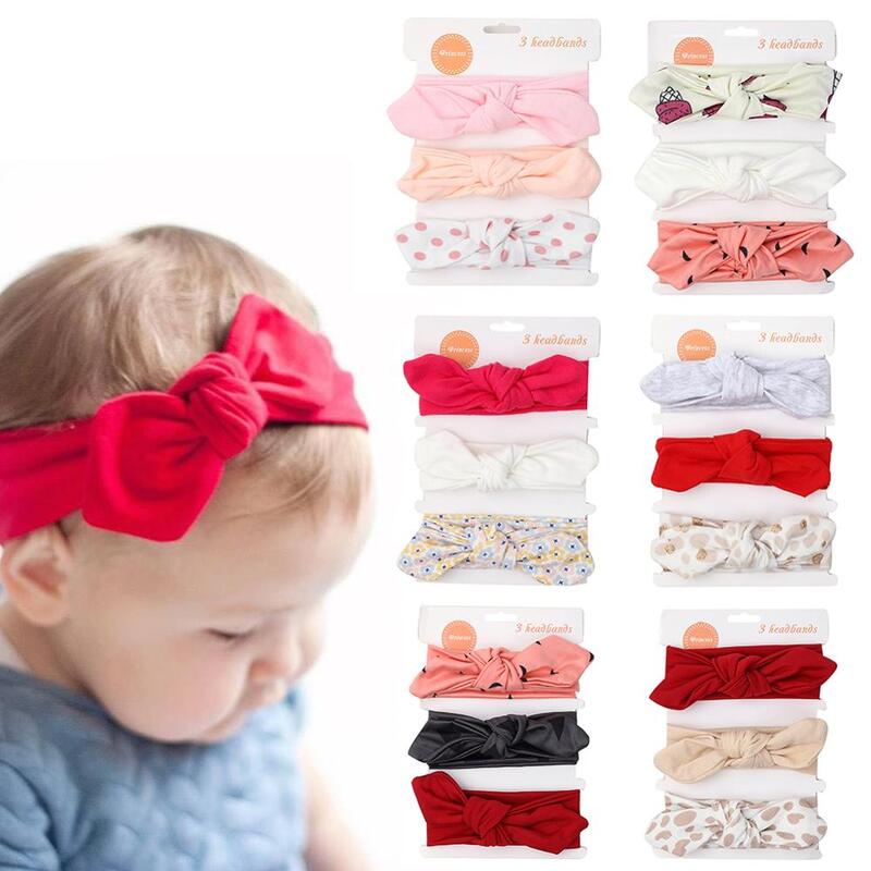 3Pcs/Set Solid Cotton Baby Headband with Card Heart Striped Print Bow Tie Knot Hair Band For Girls Headwrap Newborn Accessories