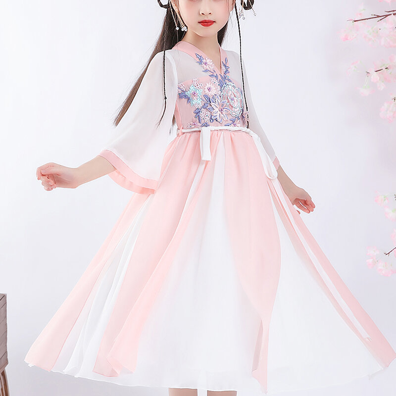 Meninas vestido de estilo chinês hanfu festa vestido de ano novo chinês bordado princesa verão meninas vestido das crianças