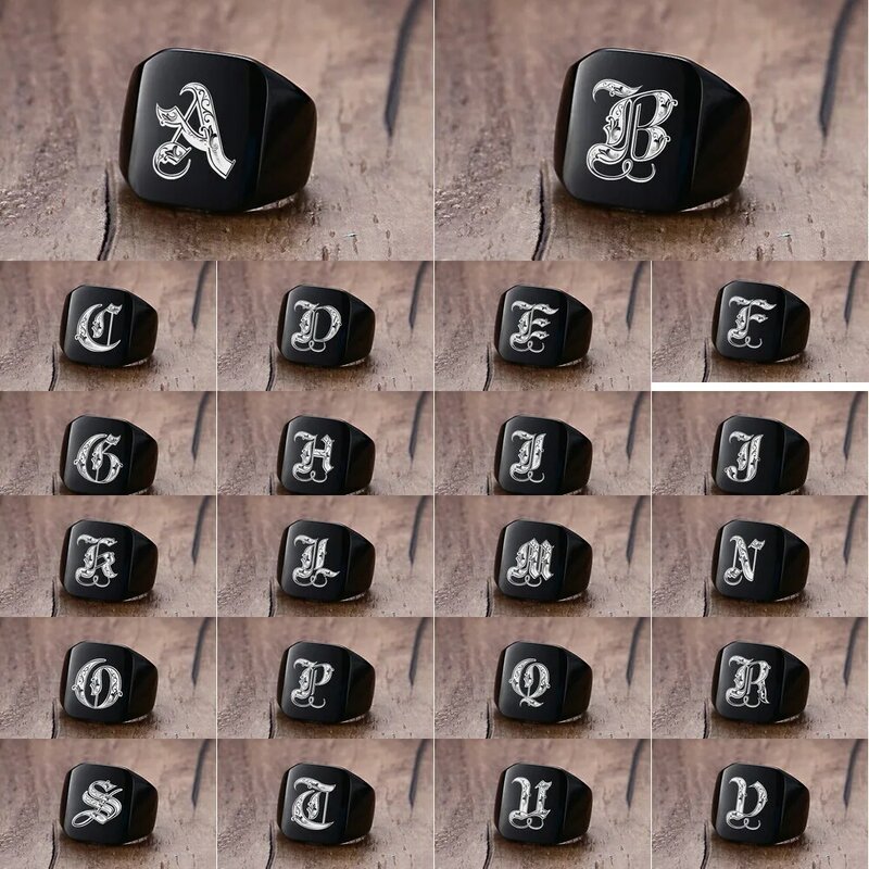 Anel de sinete Vnox-Chunky para homens, aço inoxidável preto, iniciais reais gravadas, selo inicial da letra, jóias personalizadas, 18mm