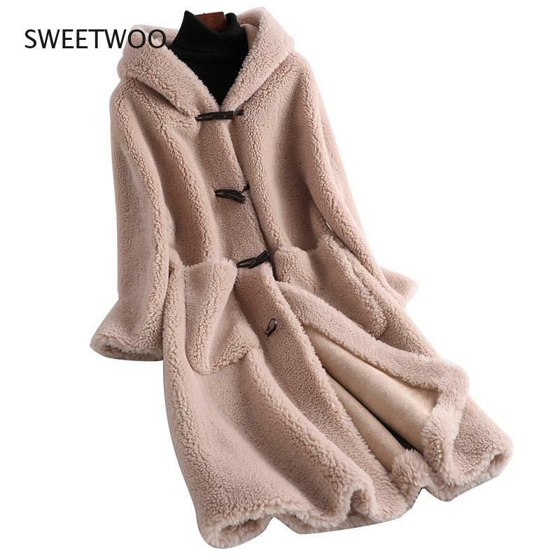 Chaquetas de lana para mujer, abrigos informales de estilo coreano para mujer, abrigo de piel auténtica de alta calidad, oveja larga de oveja, novedad de invierno 2021