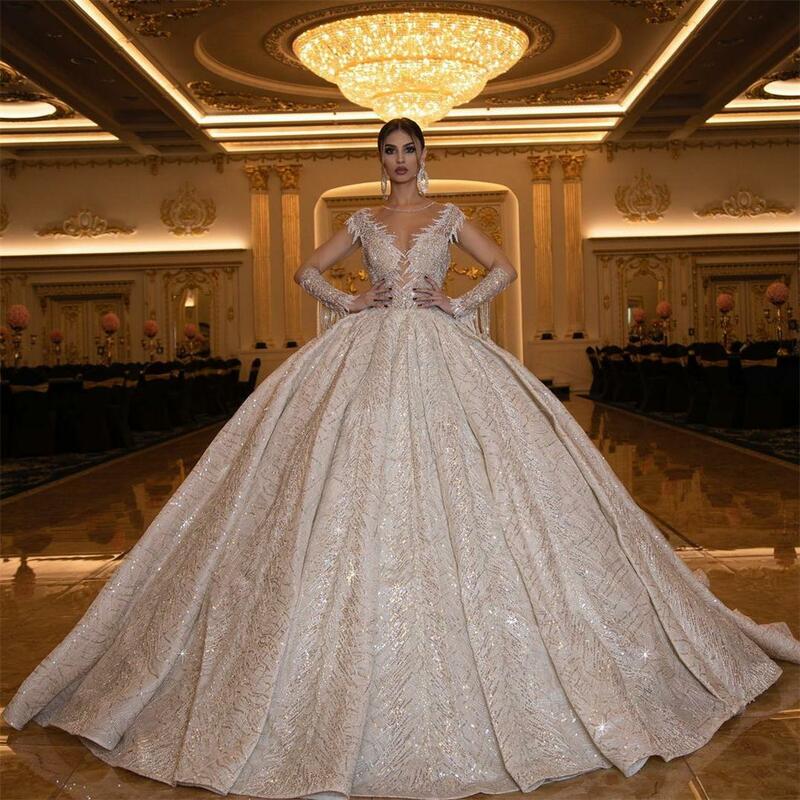 Mewah Bola Gaun Pernikahan Gaun Renda Berpayet Lengan Panjang Vintage Bridal Gaun Arab Dubai Elegan Vestido De Novia
