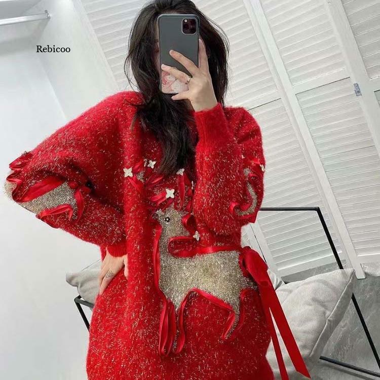Jersey holgado de cuello redondo para mujer, Jersey de punto coreano con diseño de alce de seda brillante de Navidad, novedad de invierno de 2021