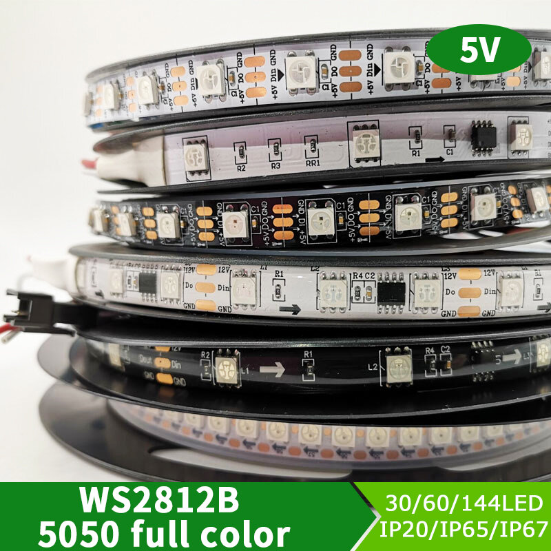 5V WS2812B Led 스트립 라이트 개별 주소 지정 가능, WS2812 스마트 RGB Led 픽셀 스트립 블랙/화이트 PCB 방수 IP30/65/67 1-5m