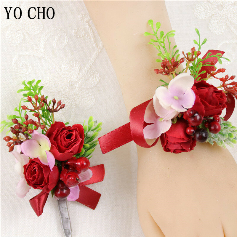 YO CHO แต่งงาน Boutonniere Silk Rose ดอกไม้ PARTY PROM ข้อมือ Corsage ดอกไม้ Boutonniere เจ้าสาว Corsage อุปกรณ์จัดงานแต่งงาน
