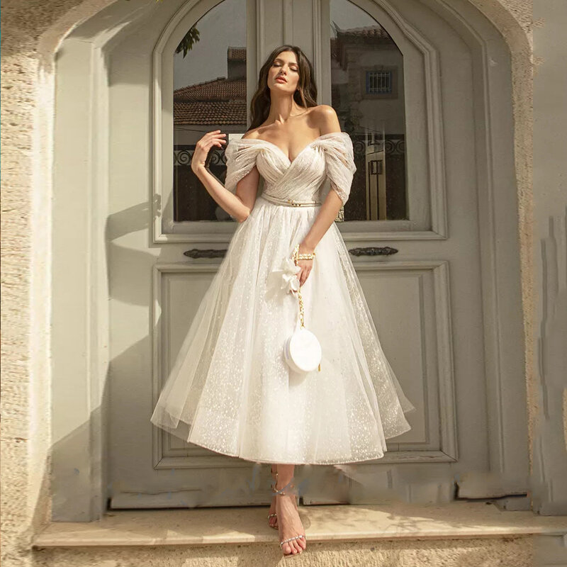 Mulheres Bling Glittering Boho Vestidos de Casamento, Querida Tulle, Ponto Net Tulle, Praia curto vestido de noiva, Barato Civil, 2022
