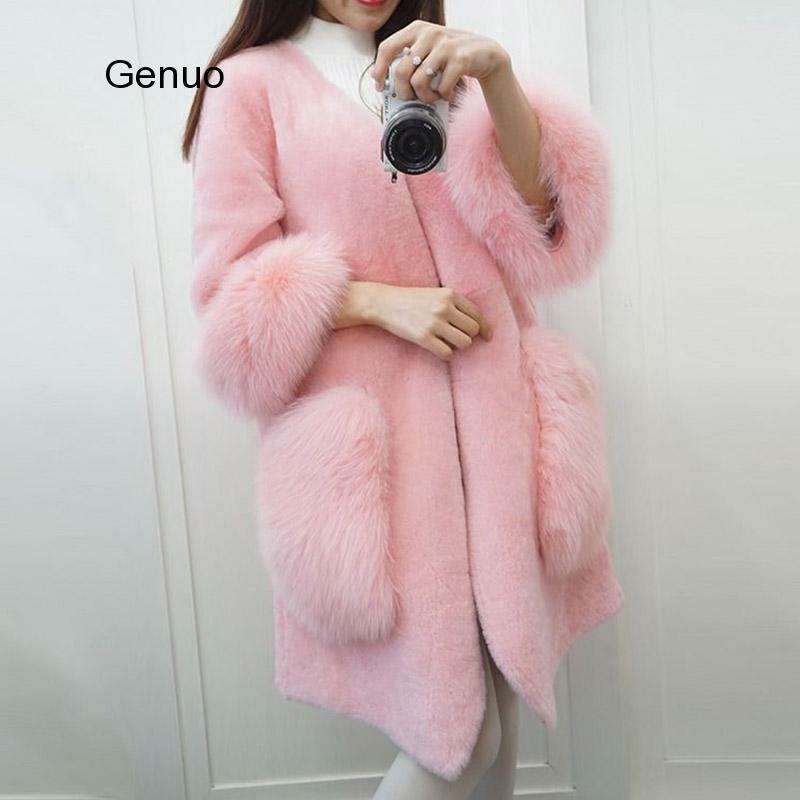 Manteau Long en fausse fourrure pour femme, élégant, ample, col en v, épais et chaud, en peluche, hiver, 2020