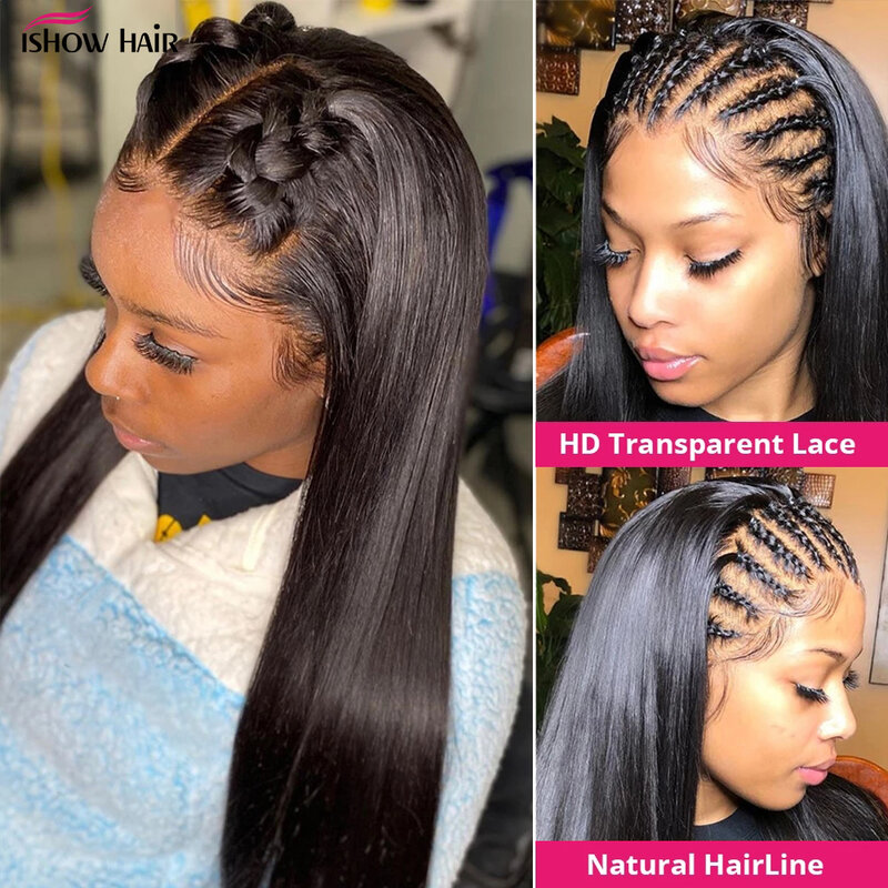 Isshow-peruca frontal do laço reto para mulheres, cor natural, perucas de cabelo humano, cabelo brasileiro, 13x4, 5x5, 30"