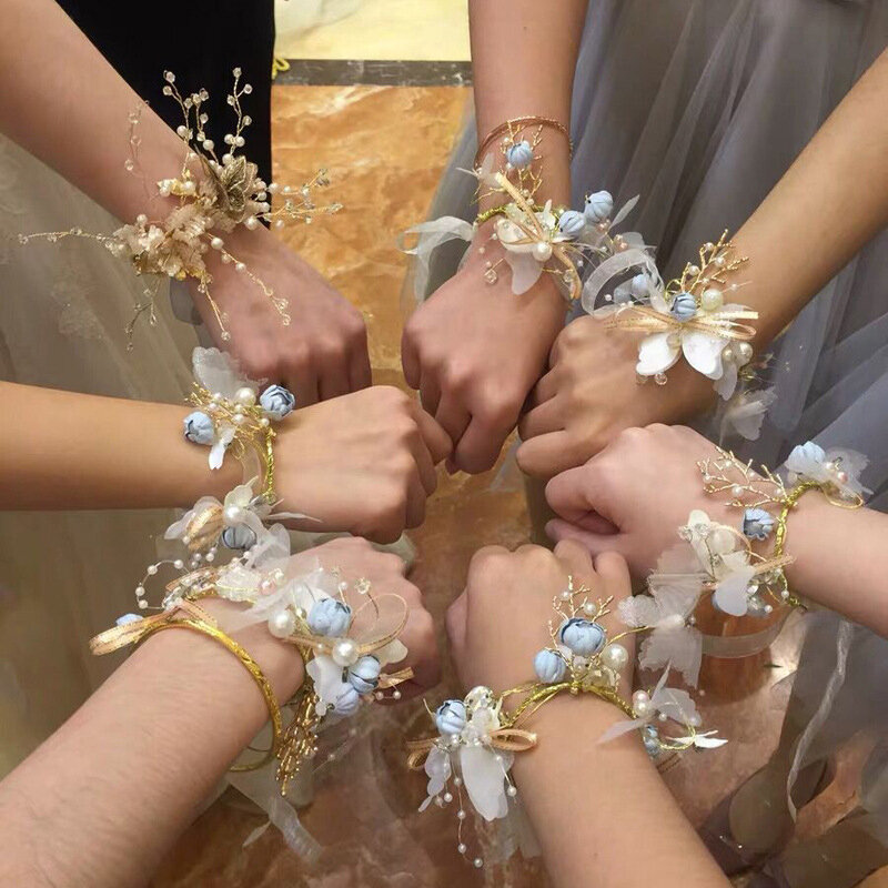Bridal Crystal Pearls Ribbon Wrist Flower Handmade Flower Butterfly Bracelet Girls Bridesmaid Wedding Accessories