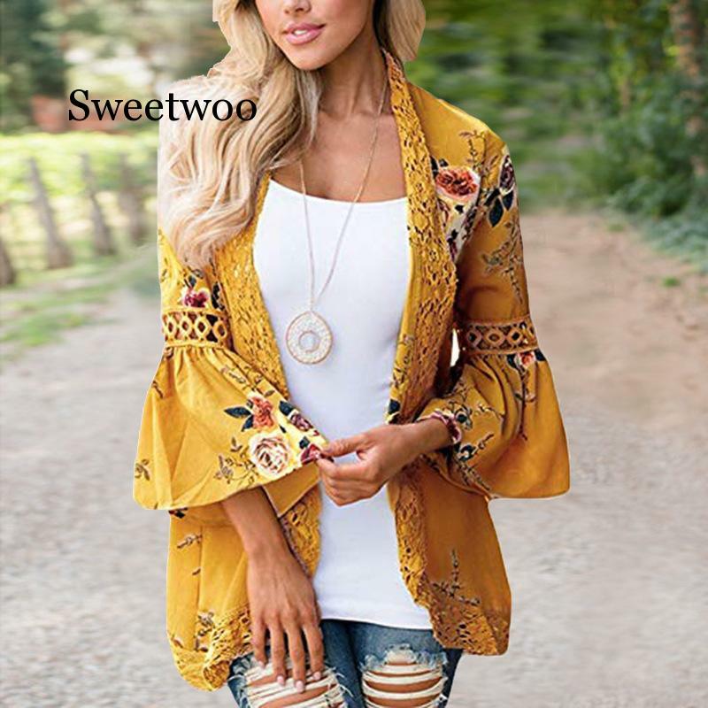 Women Summer Autumn Flare Sleeve Floral Printed Lace Patchwork Chiffon Cardigan Tops Casual Open Stitch Outwear Plus Size Kimono