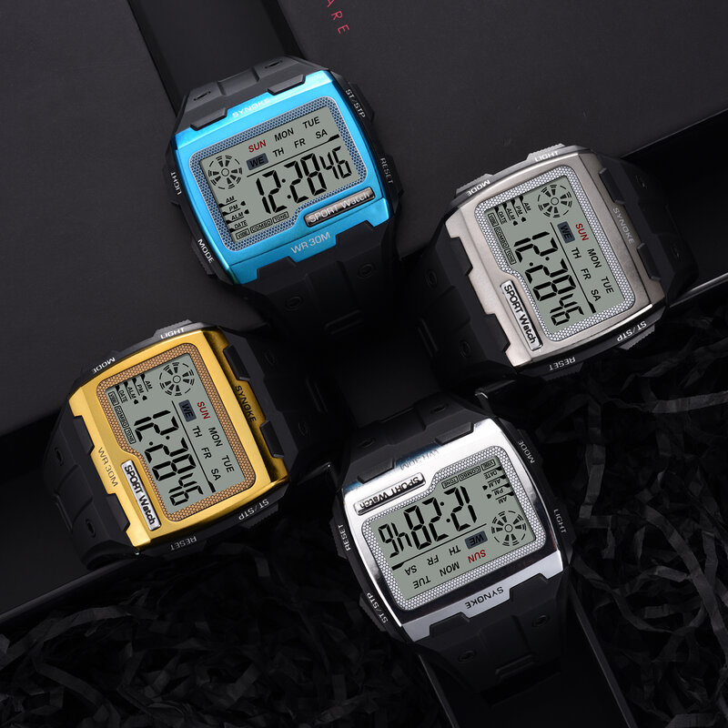 SYNOKE Jam Tangan Digital Pria Keluaran Baru Jam Tangan Olahraga Multifungsi Chronograph Minggu Alarm Dial Persegi Besar Tahan Air Relojes