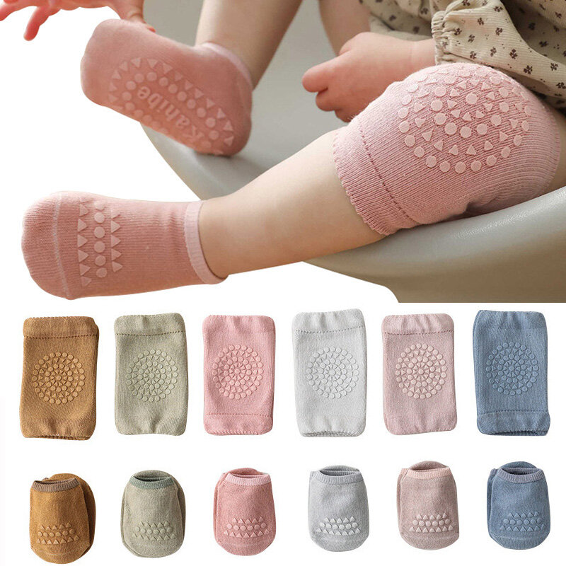 Kaus kaki bantalan lutut merangkak bayi, Set kaus kaki lantai Anti Slip pelindung lutut warna polos untuk anak laki-laki dan perempuan