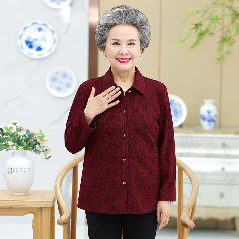 Old-age Autumn Female Tops 60-70 Years Old Mother Blouse Long Sleeve Printed Shirt Grandmother Spring Coat Cardigan Blouse 1485