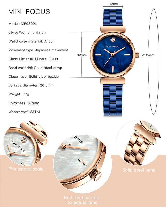 MINIFOCUS Simple elegante mujeres relojes de marca superior de lujo de cuarzo analógico reloj de acero inoxidable correa para reloj informal regalo para niñas