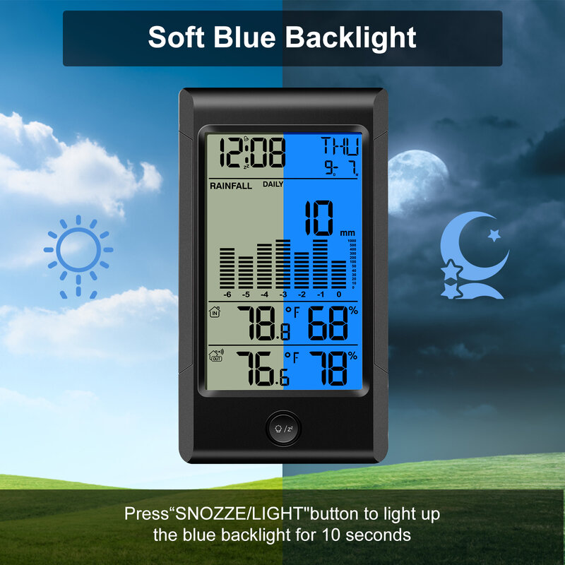 Estação meteorológica geevon pluviômetro calendários despertadores com temperatura e umidade led digital relógio de mesa medidor de chuva