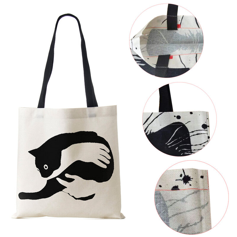 女性のデザイナートートのハンドバッグ,ラージの黒い猫のプリントが施されたリネン生地のバッグ,環境に優しいカジュアルなオフィスバッグ