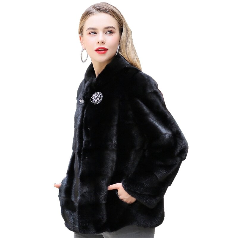 Jaket Mantel Bulu Cerpelai Asli Mewah Pakaian Luar Wanita Musim Gugur Musim Dingin Kerah Mandarin Ukuran Plus 4XL LF9114
