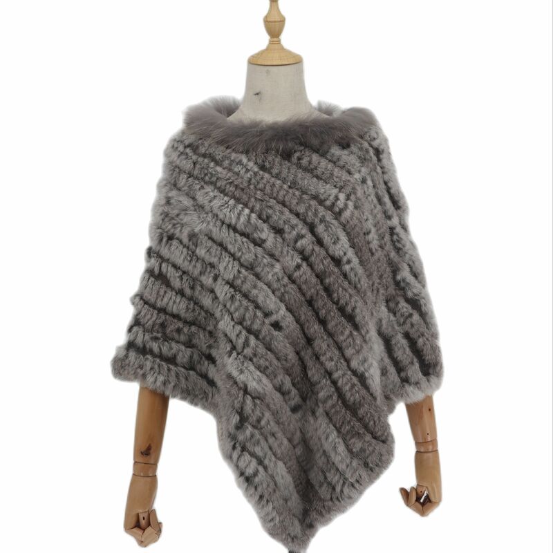 Real Rabbit Fur Knitted Rabbit Fur Poncho Vest Fashion Wrap Coat Shawl Lady Natural Fur Raccoon Fur Collar Wholesale Cape