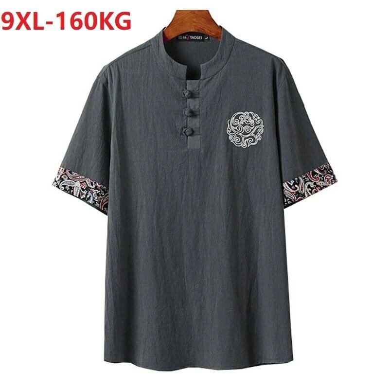 summer Men linen cotton sleep tops Tshirt Short Sleeve plus size 8XL 9XL home wear sleep wear floral tees Breathable tees 68 70