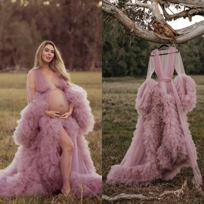 Szlafrok damski perspektywa Sheer długi tiul szata Puffy ciąża sukienka ciążowa dla Baby Shower koszula nocna bielizna nocna
