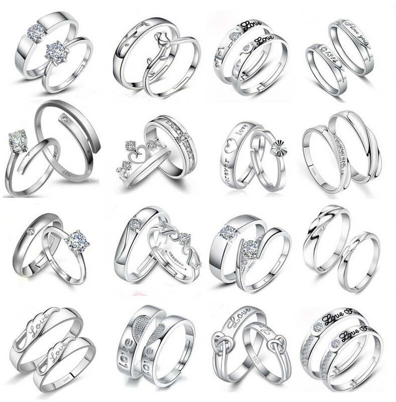 Par de anillos de Color plateado para mujer y hombre, joyería ajustable para pareja, regalo de compromiso y boda, accesorios al por mayor