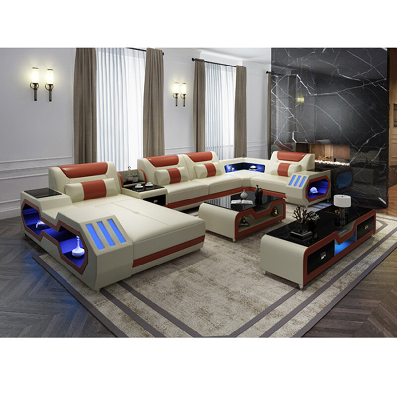Conjunto de sofá de cuero vacuno con combinación de sala de estar y masajeador reproductor de música USB